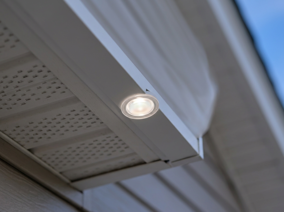 Detailed visualization of a compact circular light module seated in a slim soffit track
