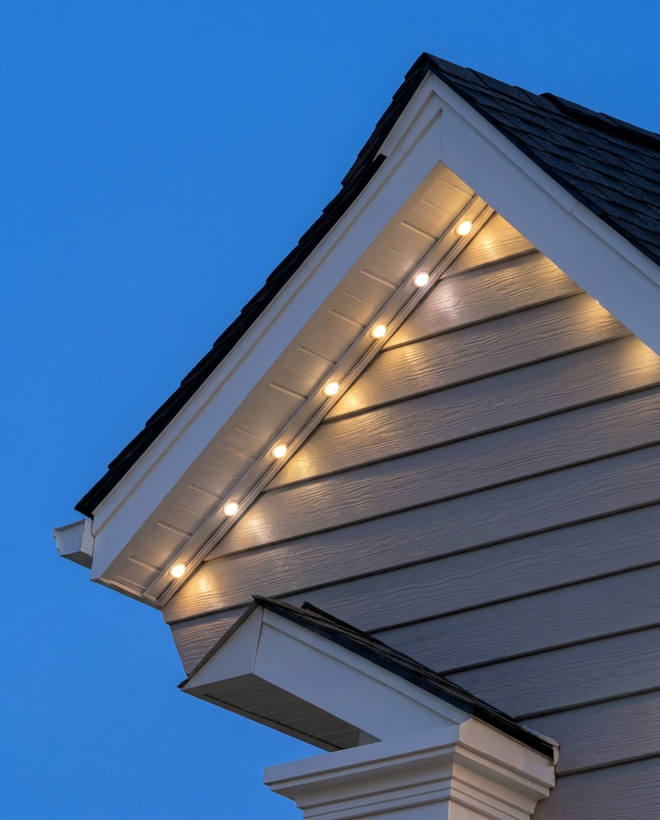 Matching twilight visualization with warm white lighting on the same gable